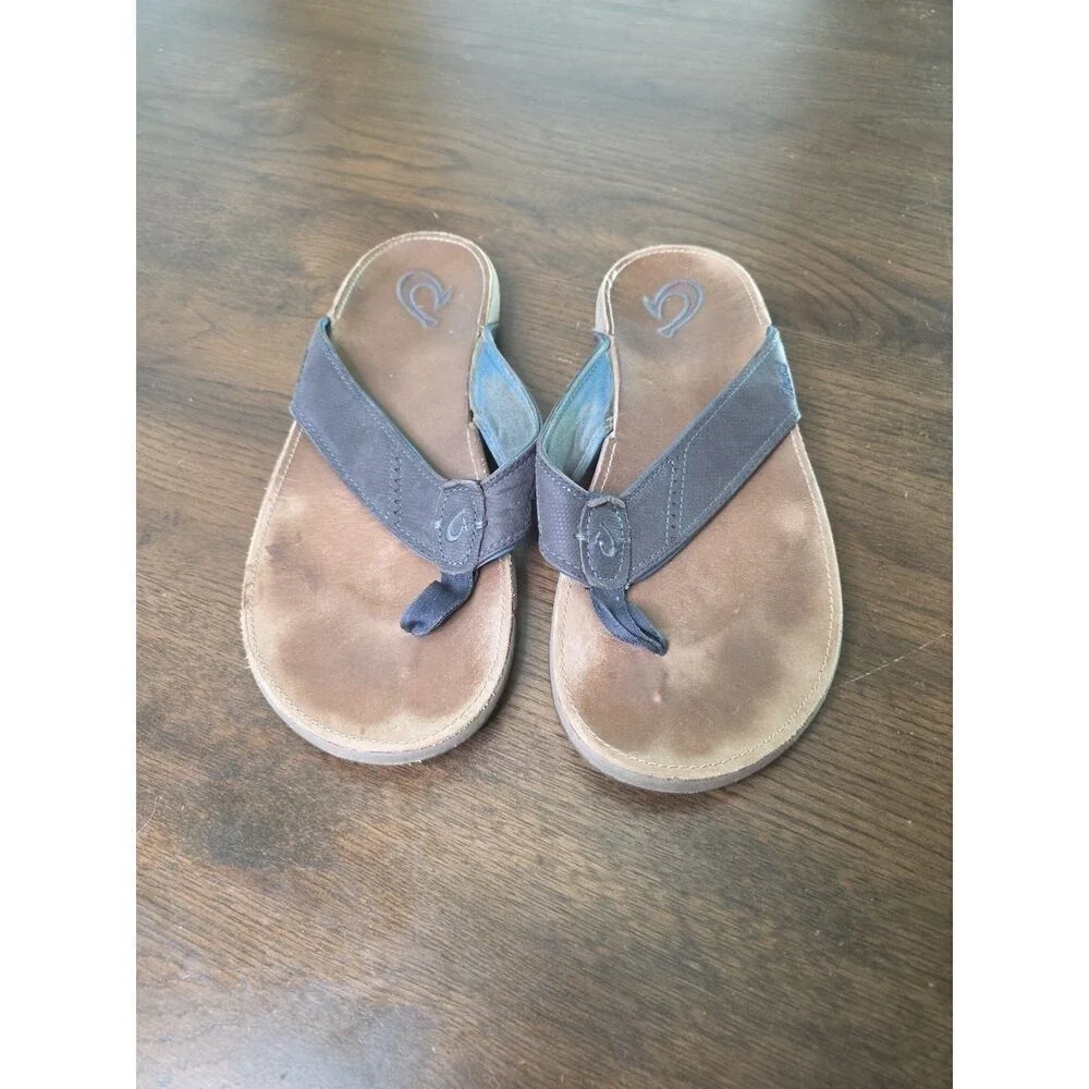 OluKai Men's Nui Brown Full Leather Flip Flop Sandals Size‎ 13 Beach Outdoors